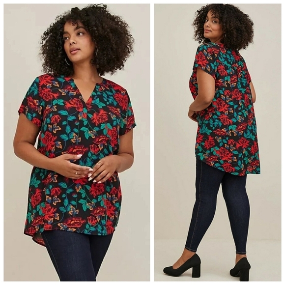 Torrid Georgette Black Red Floral V-neck Hi Lo Tunic Blouse - Picture 1 of 7